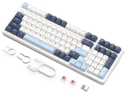 FREEWOLF K8 Tastiera da Gioco Meccanica Wireless Hot Swap, Tastiera Cablata Backlit RGB Interruttore Rosso, Bluetooth/2.4Ghz/USB-C Batteria da 4000 mAh per Mac/Win-Blu/Bianco