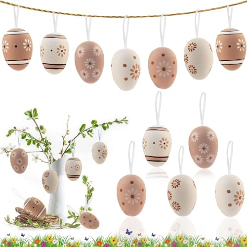 Giugio 12 uova di Pasqua da appendere, con fantastiche uova di Pasqua decorative con cordoncino per appenderle, in plastica, per interni ed esterni