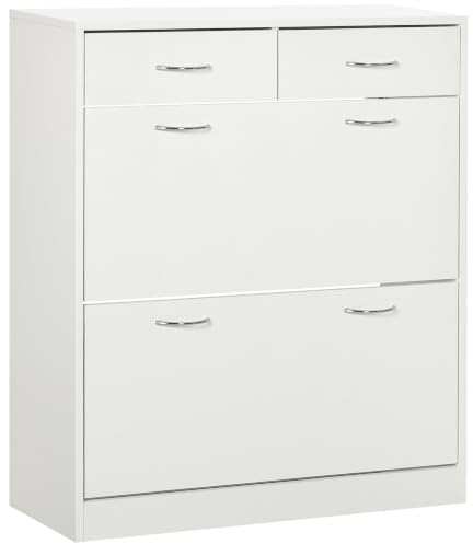 HOMCOM Mueble Zapatero Estrecho 2 Cajones Abatibles 80x30x91,5 cm Blanco | Zapatero Entrada Recibidor, 2 Cajones Extraíbles, Estantes Ajustables, para 12 Pares de Zapatos, Pasillo, Espacio Pequeño