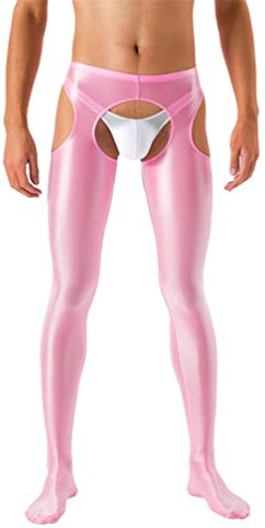 Sywiyi Collant da uomo in nylon lucido, leggings a vita alta sul cavallo con/senza piedi, biancheria intima elasticizzata, A rosa_con piedi, XL