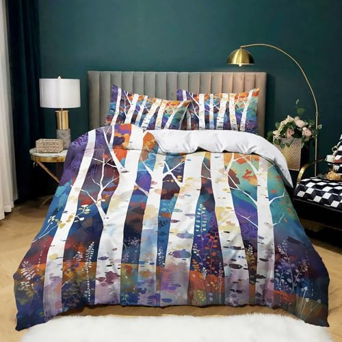CozyRest Housse de Couette Imprimé 200x200 cm Parure de Lit Fleurs De Colza Et Forêt De Bouleau pour Garçons Filles Ados, Parure Décorer Housse de Couette Soft + 2 Taies d'oreiller 65x65