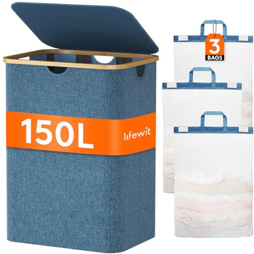Lifewit 150L Wäschekorb mit Deckel 3 Fächer, große Wäschekorb mit Bambusgriffen & abnehmbare Wäschesäcke, Kleidung, Körbe für Wäsche, Schlafzimmer, Bad, Schlafsaal, Waschküche, Dunkelblau