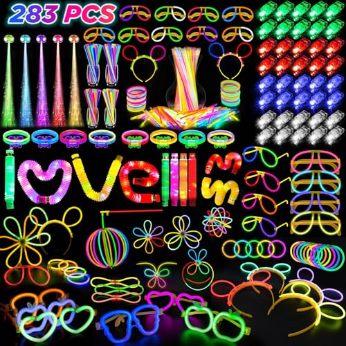 SHQDD Party Supplies, Glow in the Dark Party Favors for Adults Kids, 27 Carnival Accessories, 56 LED Light Up Toys Bulk, 100 Glow Sticks Party Pack, Neon Party Supplies & Decorations