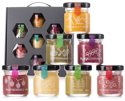 Q Honey Honig Geschenkset, 7x40g Gläser mit gefriergetrockneten Früchten | Ingwer, Himbeere, Thymian, Pfefferminze & Sanddorn Honig - ein einzigartiges Geschenk für jede Gelegenheit & Feinschmecker