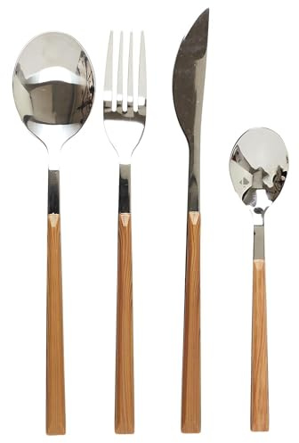 Linnea Ménagère en Acier Inoxydable 16 Couverts Collection Lumber Effet Bois Marron