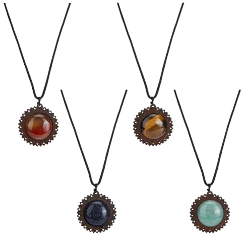 SUPERFINDINGS 4 Stile Runde Edelstein Anhänger Halskette Natürliche Tigerauge Halskette Holz Sonnenblumen Stein Halsketten Halbedelsteine Verstellbare Anhänger Halskette Für Damen Und Herren