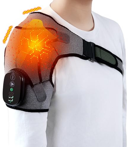 Envoltura de hombro térmica inalámbrica, soporte de hombro con vibración, almohadilla térmica de hombro para manguito rotador, hombro congelado, funciona con batería de 5000 mAh, masajeador de hombro