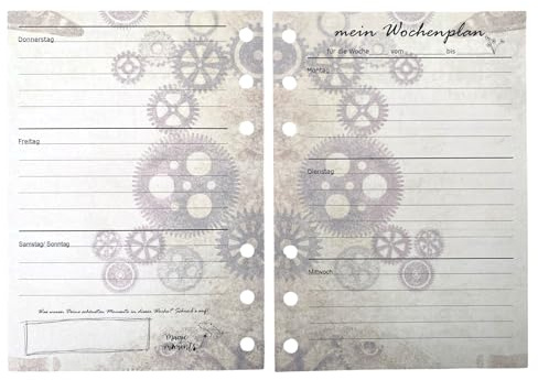 A6 Ringbuch Einlage Wochenplan Einleger von Fae, Steampunk Zahnrad Design, Wochenkalender ohne Datumsangabe, 20 Blatt für 20 Wochen, Nachhaltig durch Nachkauf, deutsch