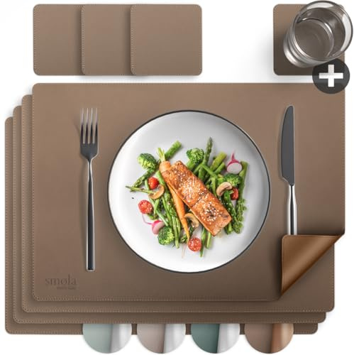 smøla 8-teiliges Tischset aus PU-Leder - inkl. Untersetzer I Platzset Abwaschbar I Platzdeckchen Set in Lederoptik, Tischunterlage für Teller & Gläser I Tischdeko, Braun/Gold