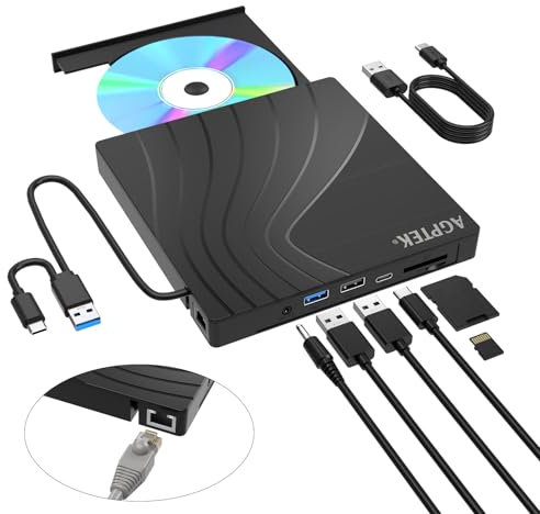 AGPTEK External CD/DVD Drive for Laptop, USB 3.0 Slim DVD Burner with Ethernet Adapter, USB Ports and TF/SD Card Slots, CD/DVD Player Reader/Writer for Laptop, PC, MacBook, Windows, Linux, Mac OS
