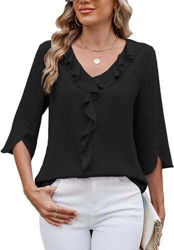 ASKSA T-shirt för kvinnor V-hals 3/4-ärm volangblusar sommar enfärgade lediga affärer lösa eleganta basskjortor toppar, Svart, XXL