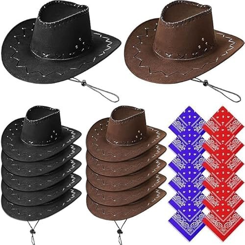 LYCN 12 Stück Cowboyhut mit 12 Bandanas, Filz Cowboyhüte Western Cowboyhüten Mehrfachpack für Damen und Herren mit verstellbarem Gurt zum Verkleiden, Feiern, Party, Cosplay (6 Braun＋6 Schwarz)