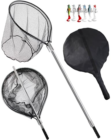 Facikono Large Rubber Fishing Net Heavy Duty Extra Large Landing Net with Telescoping Handle, Saltwater Aluminum Fish Net with 6pcs Jig Swimbait, Extends to 72-94in, Depth 27.5in