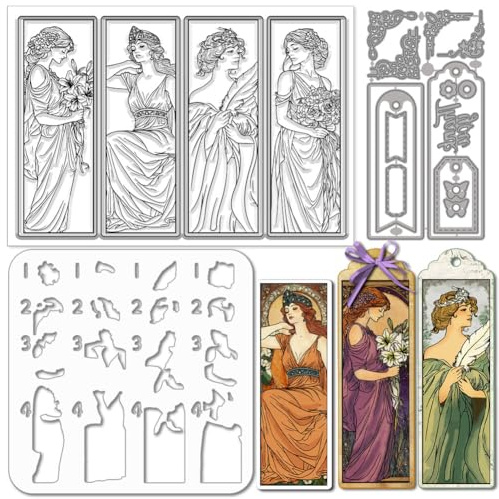GLOBLELAND Vintage Frau Lesezeichen Stempel Schneideformen PET Malvorlagen für Kartenherstellung Blühende Ecke Silikonstempel Etiketten Stanzformen Malvorlagen für DIY Scrapbooking