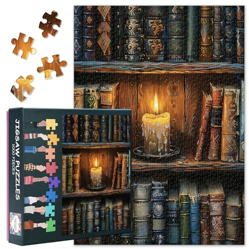 Puzzle de 1000 pièces pour adultes - Bibliothèque avec bougie allumée d'art, 70 x 50 cm, cadeau difficile pour les amateurs de livres et les hommes/femmes