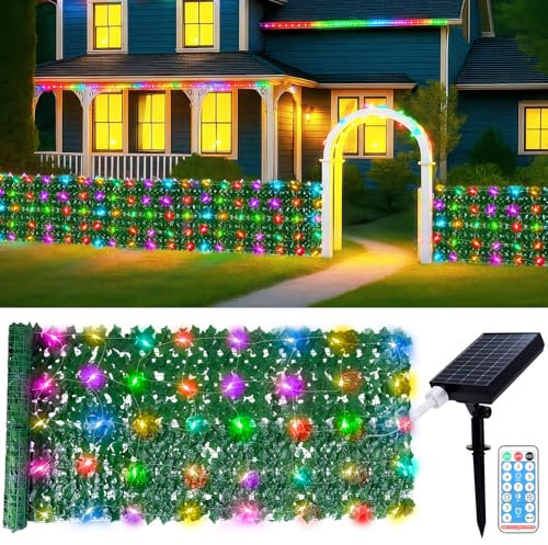 Artificial Ivy Privacy Fence Screen - 1x3M Solar Net Lights Outdoor Expandable Artificial Hedges Fence Garden Solar String Light Decorative Privacy Screening (RGB Light)