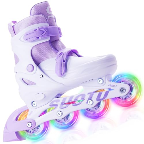 SUOTU Pattini in Linea Regolabili, Rollerblade per Bambino con Ruote Luminose, Pattini a Rotelle per Bambina, Viola/Bianco (M: 32-36 EU)
