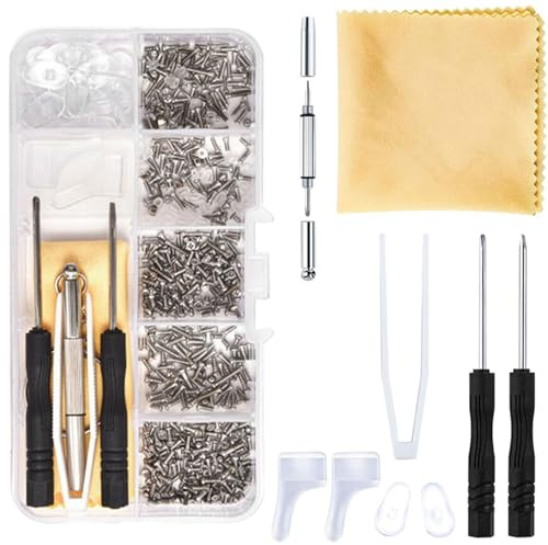 1000Pcs Eyeglass Sunglass Glasses Repair Tool Kit, Glasses Repair Kit with Screws, Screwdrivers, Tweezers, and Nose Pads, Spectacle Repair Screwdriver Set for Sunglasses, Watches, and Reading Glasses