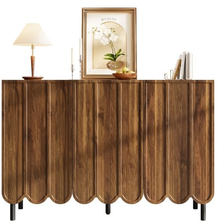 HAINEW Armoire de cuisine avec 3 portes ondulées et étagères réglables - Armoire de rangement pour salon, chambre à coucher - 120 x 35 x 80 cm - Couleur noyer