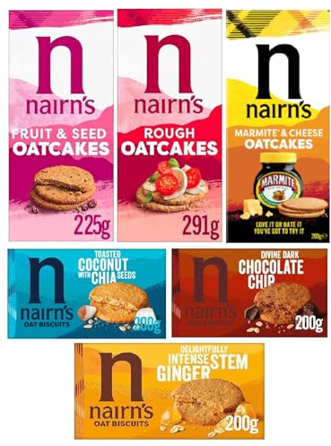 Nairn's Variety Pack - Oat Biscuits and Oatcakes - Flavours: Dark Chocolate Chip, Stem Ginger, Coconut & Chia, Marmite & Cheese, Rough, Fruit & Seed - (PACK OF 6) - Healthy Snacks