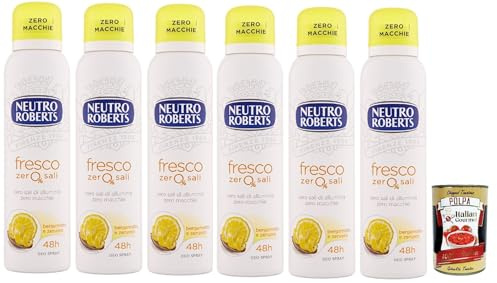 Neutro Roberts, fresco déodorant en fresque, sans sels en aluminium, zéro taches d'agrumes de bergamote et de gingembre, homme et femme déodorant, 6x 150 ml + Italian Gourmet polpa 400g
