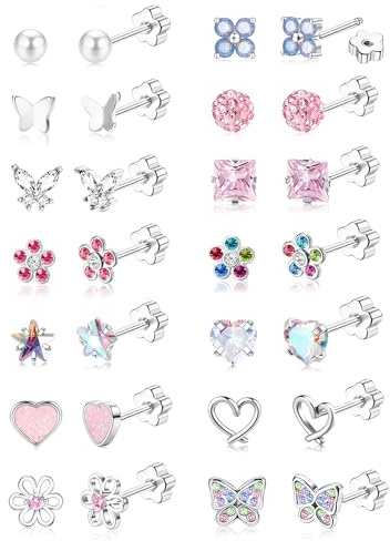 MILACOLATO 14 Pares Pendientes Mujer Plata Pendientes Hipoalergénicos Acero Inoxidable Mujer Niñas Pendiente con Espalda Tuerca Plana con Rosca Regalo de Joyería Multicolor Rosa-Flower