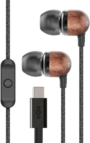 Marley House of Smile Jamaica Auriculares y Cascos con Cable USB-C Driver 9.2mm – Fabricados de Forma Sostenible, Cable Resistente a Enredos, Intra-auditivos con MicróFono en LíNEA, Negro