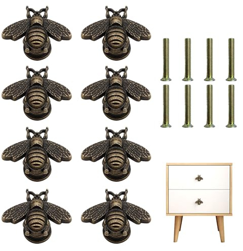 QACUU 8Pcs Bee Decorative Cupboard Knobs and Drawer Knobs, Sturdy Vintage Alloy Wardrobe Handles for Kitchen Cabinet, Drawer Handles for Cupboard Doors Furniture Pulls Home Decor Accessories