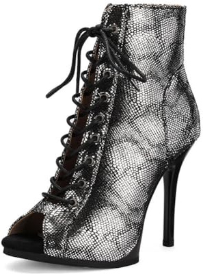 HIPPOSEUS Botas de Baile Negro para Mujer Zapatos Punta Abierta Botines de Tacón Alto 11cm para Bailar con Cierre con Cordones y Cremallera Trasera,38 EU