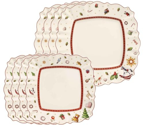 Villeroy & Boch Toy's Delight Service de table 8 pièces | Assiettes plates et petit-déjeuner carrées pour 4 personnes | Vaisselle de Noël | Assiettes de Noël | Porcelaine de qualité supérieure | Blanc