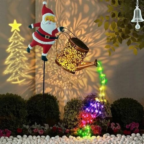 Christmas Santa Claus Solar Kettle Light for Garden Lawn Decoration, Outdoor Waterproof Hanging Metal Watering Can Decoration, Terrace and Courtyard , Outdoor Gift, Easy to Hang (Colorful)