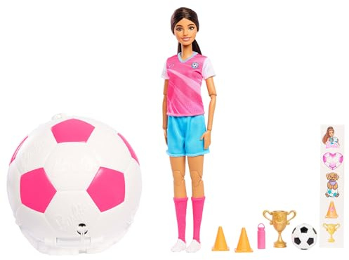 Barbie Team Barbie Roll and Reveal-fotbollsspelardocka och tillbehör med brunhårig modedocka och 8 överraskningar samt en fotboll med innehåll, JMK20