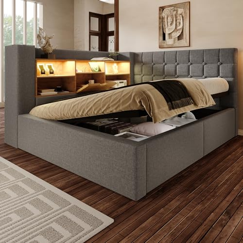 Daybett Schlafsofa 140x200 mit LED, Staufächern und hydraulisch Stauraum | Jugendbett Tagesbett mit Lattenrost, Gästebett, Bettgestell, Leinen, ohne Matratze, Grau