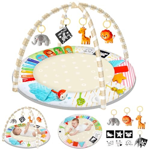 URMYWO Tapete Actividades Bebé, Alfombra Juegos Bebé con Arco Desmontable y 5 Juguetes Extraíbles, Estimula 6 Sentidos y Motricidad,Gimnasio Bebé Tummy Time 0-18 Meses,Juguete Ideal para Niña o Niño