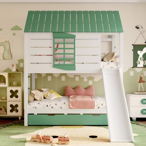 Merax Lit superposé 90 x 200 cm avec toboggan et lit gigogne pour chambre d'enfant, blanc + vert, en pin et MDF