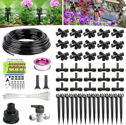 Sistema de Riego Jardín, 56PCS Sistema de Riego por Goteo, 15M Manguera Riego Goteo, 360° Kit Riego por Goteo Automatico, con Boquilla de Chorro Cruzado, para Jardin Invernadero Césped Huerto