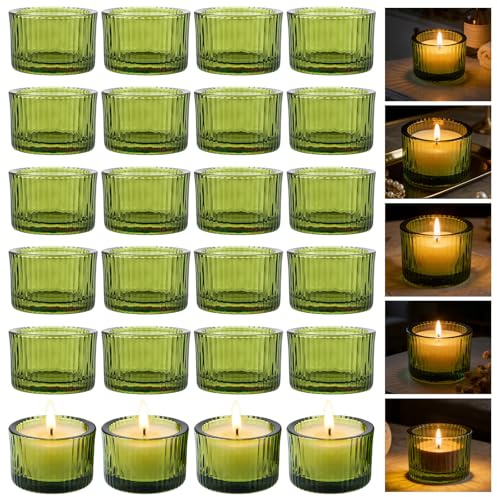 Oungy 24 Stück Teelichtgläser Klein 5,2cm X 3,5cm, Klare Teelichthalter Glas, Windlichtgläser Teelicht Glas, Kerzenglas, Kerzengläser für Windlicht Tischdeko, Party Dekoration, Hochzeit (Grün)