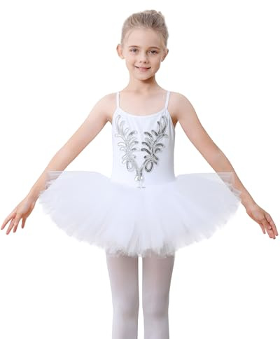 FONLAM Ballettklänning för Flickor Ballettkläder Bomull Gymnastikdräkt Baletttrikå Dansklänning Balett Tutu Barn (9-10 år, Vit)