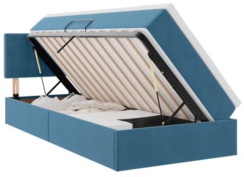 HETFTJN Einzelbett mit Bettkasten 100x200 cm Samt dunkelblau Hydraulisches Hebesystem Modernes Stauraumbett für Jugendzimmer Gäste Schlafzimmer