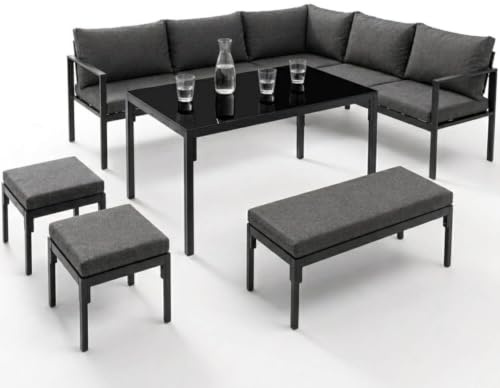 IDMarket - Gartenmöbel zum Essen Nayla 8-Sitzer Eckgarnitur aus Metall und grauen Kissen mit Esstisch, Ecksofa, Sitzbank, Hockern