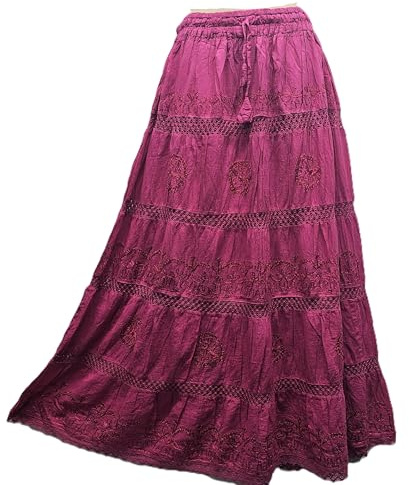 Doorwaytofashion Women Cotton Maxi Full Length Skirt Embroidered Boho Casual Festival Summer UK 10,12,14,16,18 Pink