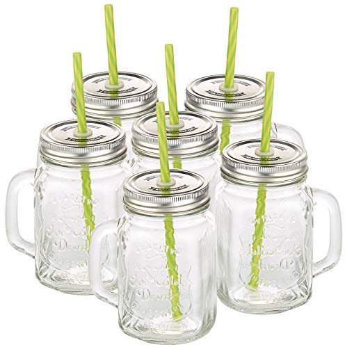 PEARL Smoothie Gläser: Retro-Trinkglas mit Henkel, Deckel und Trinkhalm, 6er-Set (Smoothie Gläser mit Deckel, Glas mit Strohhalm, Trinkhalme)