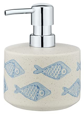 WENKO Seifenspender Mod. Aquamarin, nachfüllbarer Seifendosierer für Flüssigseife/Lotion, edle Keramik in mattem Weiß mit Blauer, maritimer Szenerie, handbemalt, Ø 10 x 13,2 cm, Füllmenge 475 ml