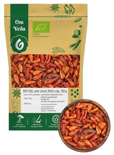 BIO Chilischoten ganz | Birds Eye Sorte | Rote, getrocknete Schoten mit Schärfegrad 9 | Sehr scharf & aromatisch | Im Aromaschutzbeutel – 100g