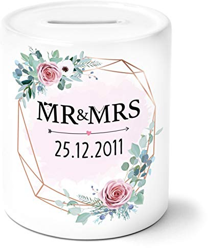 OWLBOOK® Hochzeitsgeschenke für Brautpaar Geld I Geldgeschenk Hochzeit I Geschenk Hochzeit Geldgeschenke zur Hochzeit I Geld schön verpacken Hochzeit I Spardose | Mr & Mrs Rosa | Keramik