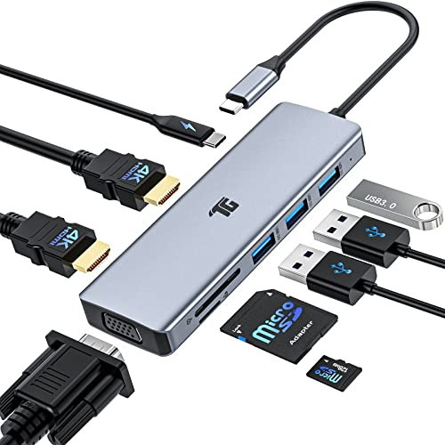 Hub USB C, adattatore USB C, Tiergrade 9 in 1 triplo display Collage Display Tipo C Adattatore con 2 4K HDMI, VGA, PD 3.0, USB 3.0 e TF/SD Card Reader per MacBook e computer portatili di tipo C