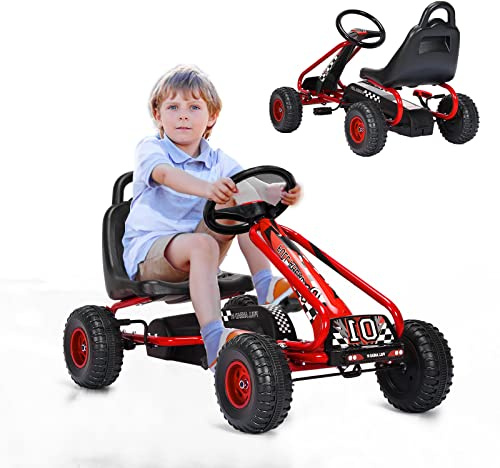 GOPLUS Go-Kart pour Enfant 3-6 Ans,Kart à Pédales Extérieur avec Siège Réglable sur 2 Positions, Frein à Main, Pneus,Go-Kart pour Garçons et Filles, 86 x 50 x 55CM (Rouge)