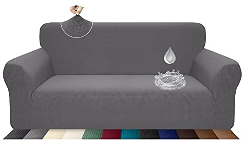 Earnmore Stretch Wasserdicht Sofabezug für 3 Sitzer Stylish Pattern Sofahusse Anti Rutsch Kratzfest Couchhusse mit Anti-Rutsch-Schaumstoffe(3 Sitzer,Hellgrau)