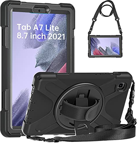 Gerutek Hülle für Samsung Galaxy Tab A7 Lite 8,7 Zoll, Stoßfeste Robst Panzerhülle mit Drehbar Stände, Handschlaufe, Schultergurt Schutzhülle für Samsung Tab A7 Lite 8.7 2021 SM-T220/SM-T225, Schwarz