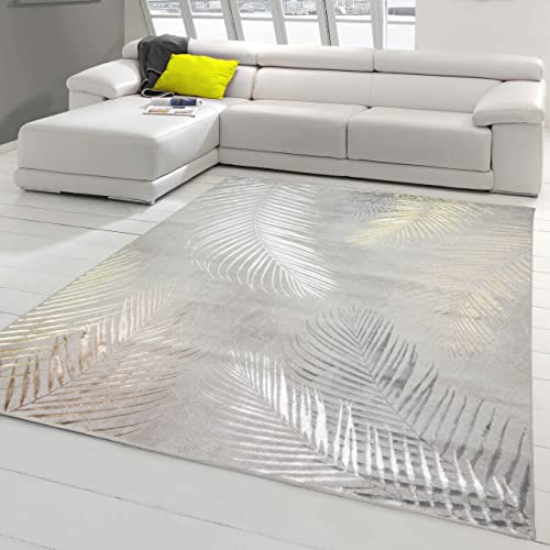 Teppich-Traum Kurzflor Teppich Palmenzweige Grau Gold 120x170 cm | Pflegeleicht, strapazierfähig, schmutzabweisend, seitlich gekettelt, OEKO-TEX geprüft, mit Glanz-Effekt, 8 mm Flor